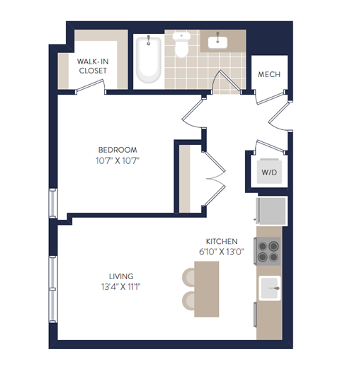 Floor plan for 1 bed, 1 bath, 542 sqft